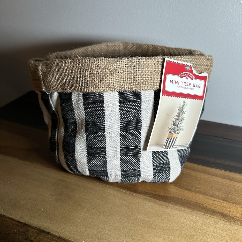Mini Christmas Tree Bag Black White Striped Burlap 12x7 Holiday Decor - Picture 3 of 3
